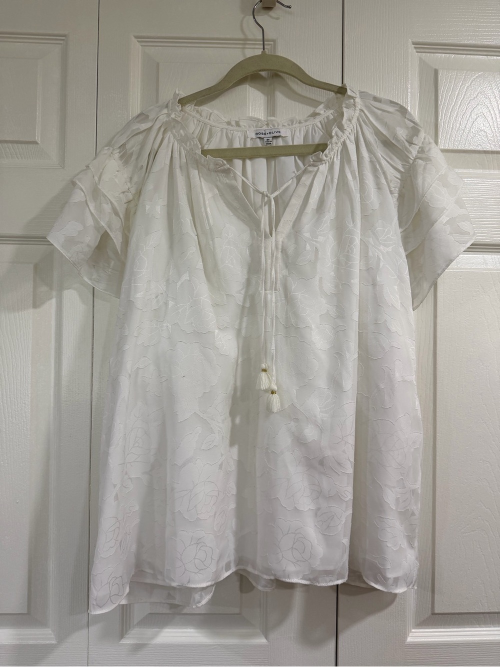Rose & Olive White Floral Tie-Neck Peasant Blouse Size 2X
